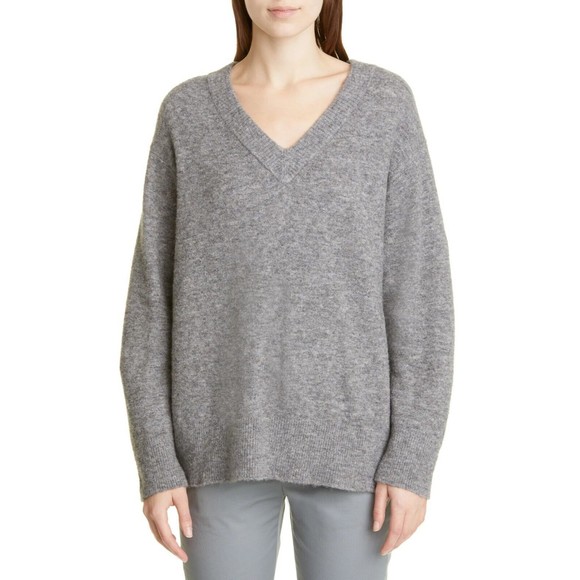 VINCE Side Slit V-Neck Tunic Sweater in Grey Wool Alpaca Blend - Picture 2 of 10